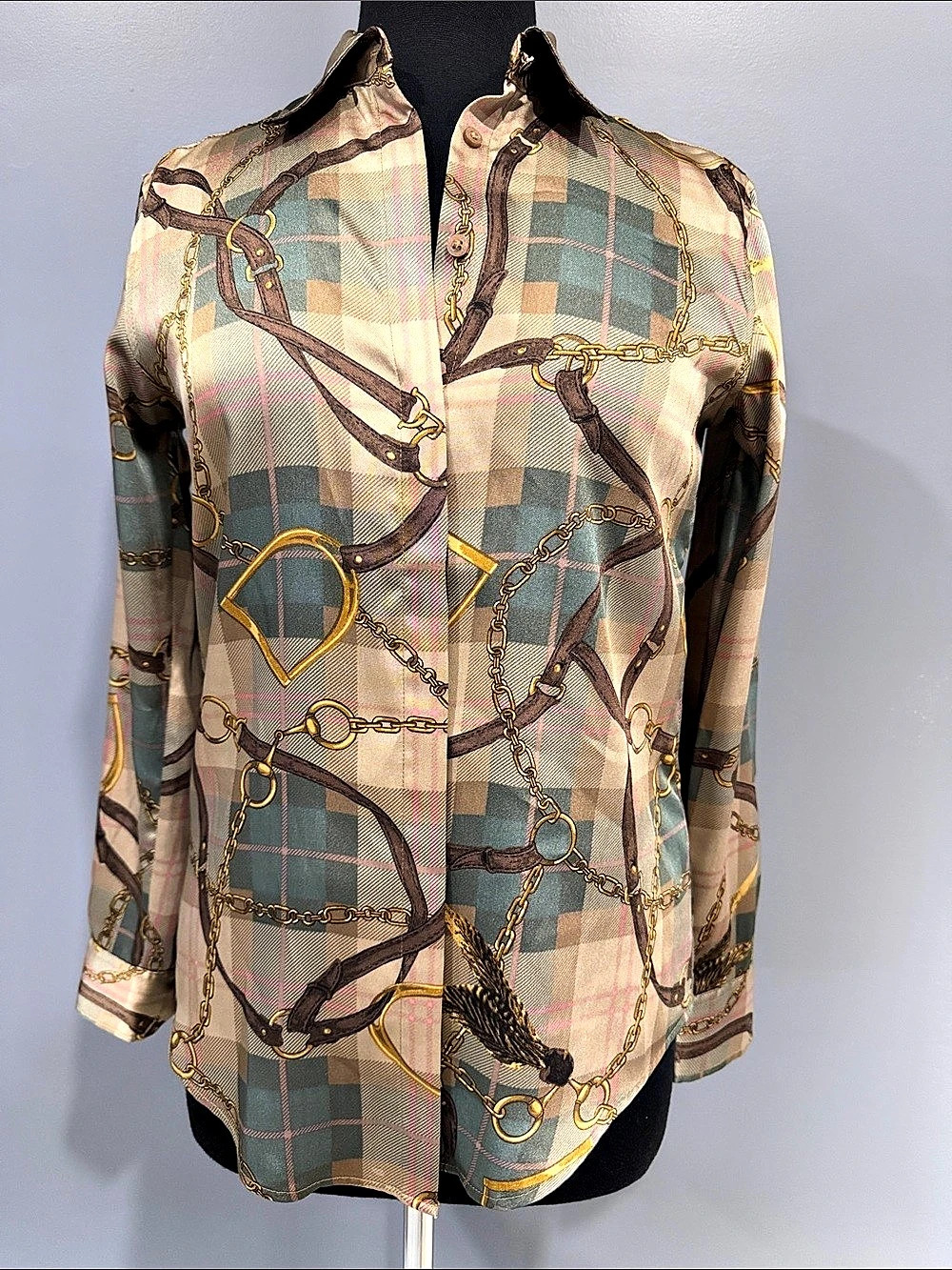 Lauren Ralph Lauren Plaid Button-Down Shirt in Green & Pink Size XS Like New
